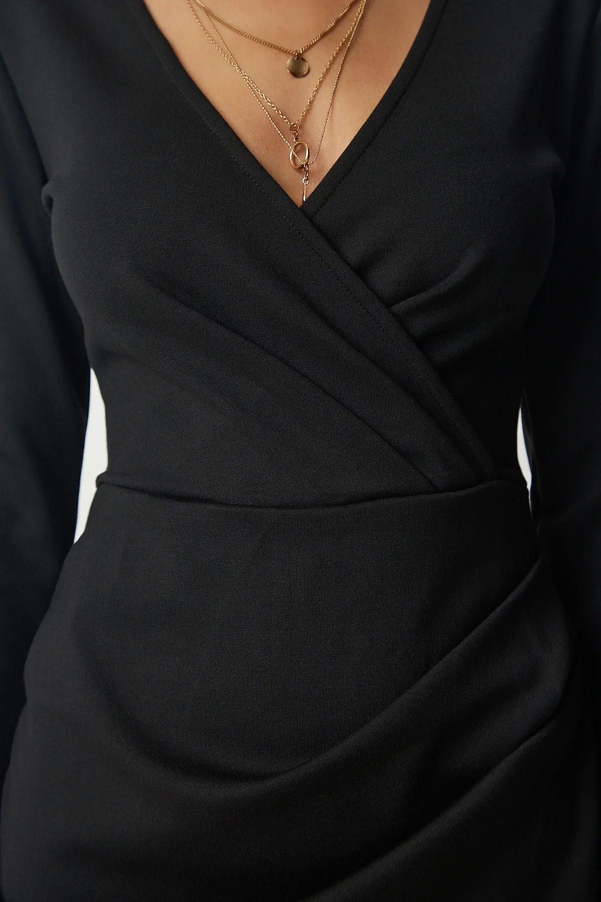 Happiness İstanbul  Schwarzes, körperbetontes, stilvolles Webkleid mit Wickelkragen für Damen UB00131