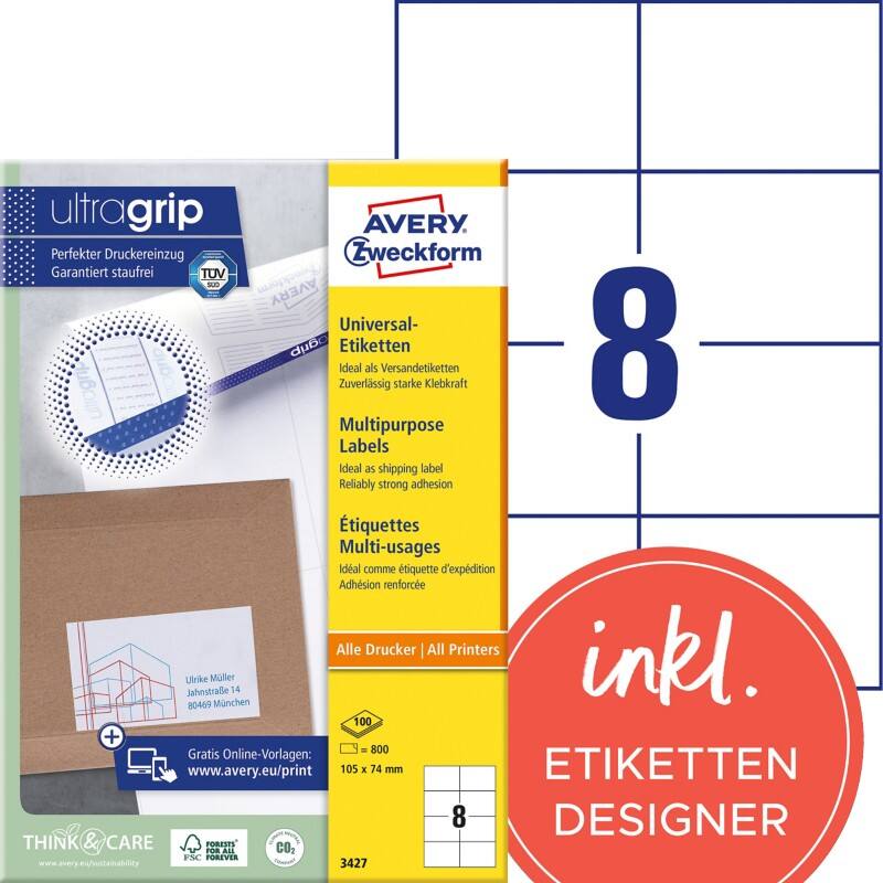 AVERY Zweckform ultragrip Universaletiketten 3427 Selbsthaftend DIN A4 Weiß 105 x 74 mm 100 Blatt à 8 Etiketten