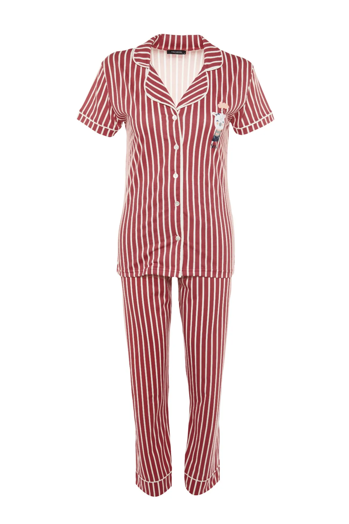 Trendyol Collection  Gestricktes Pyjama-Set mit Hemd und Hose aus rosafarbener Baumwolle mit gestreiftem Tiermuster THMSS21PT0878