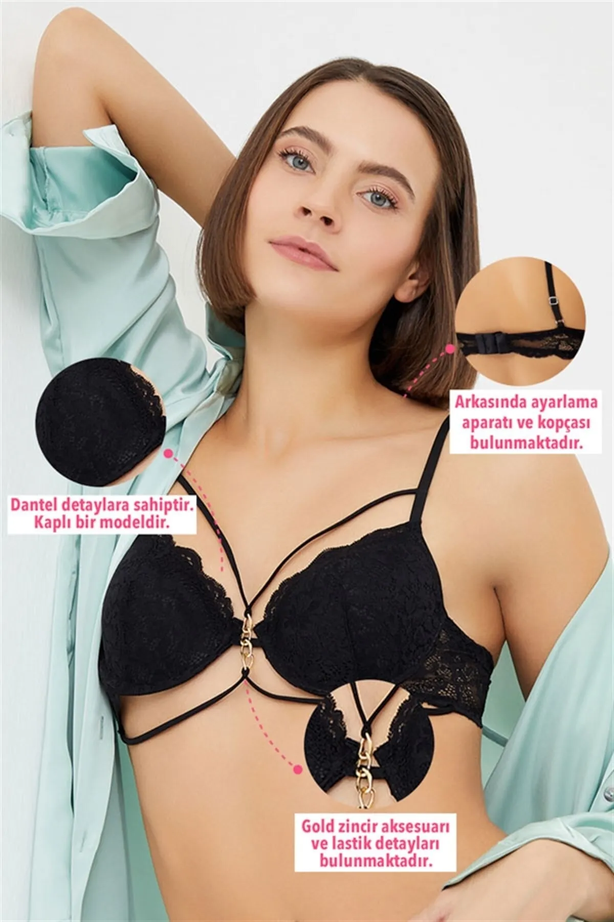 Cottonhill  Damen-BH mit schwarzem, mit Spitze überzogener Kette und detailliertem, verstellbarem Träger