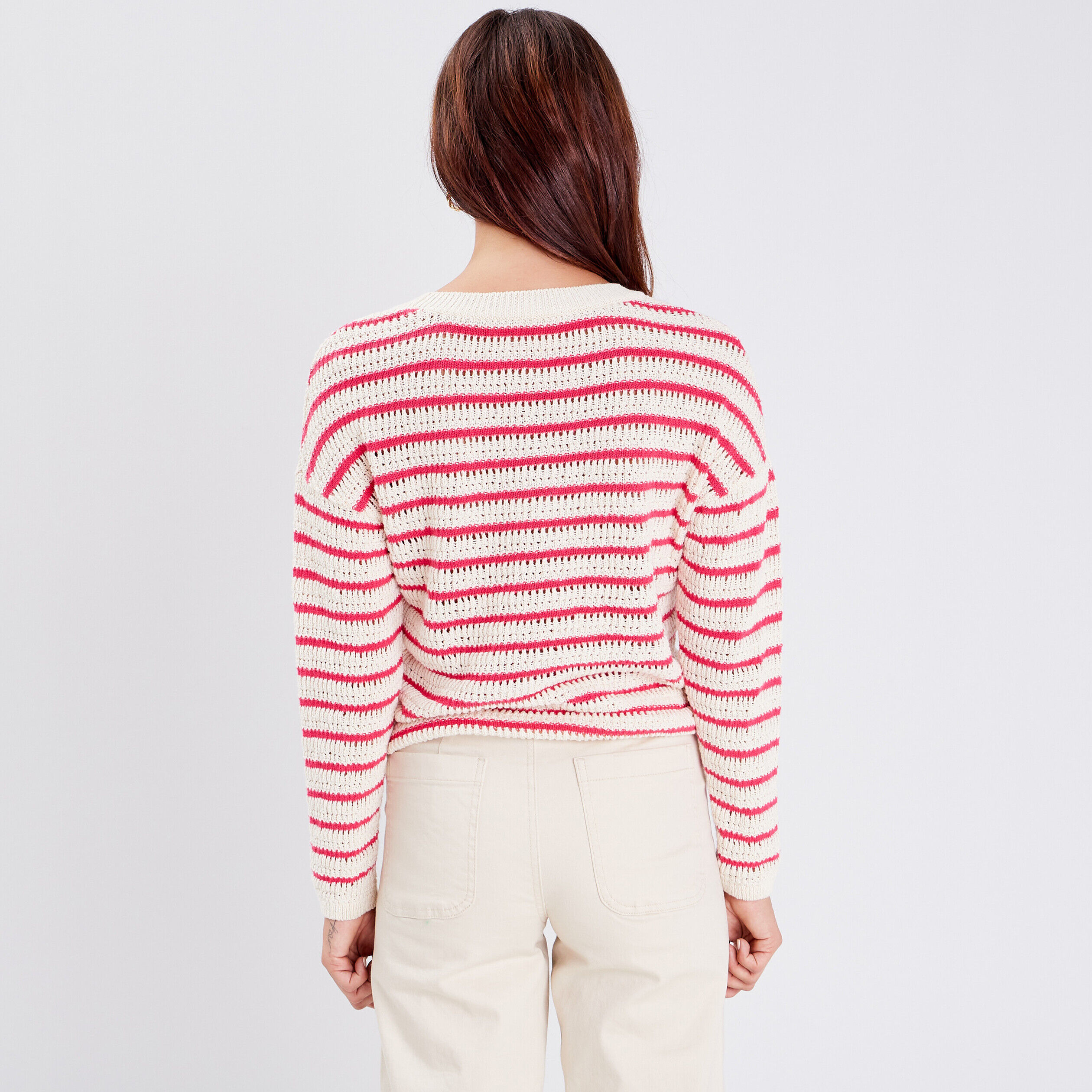 Pull manches longues ajouré rose vif femme | Cache Cache