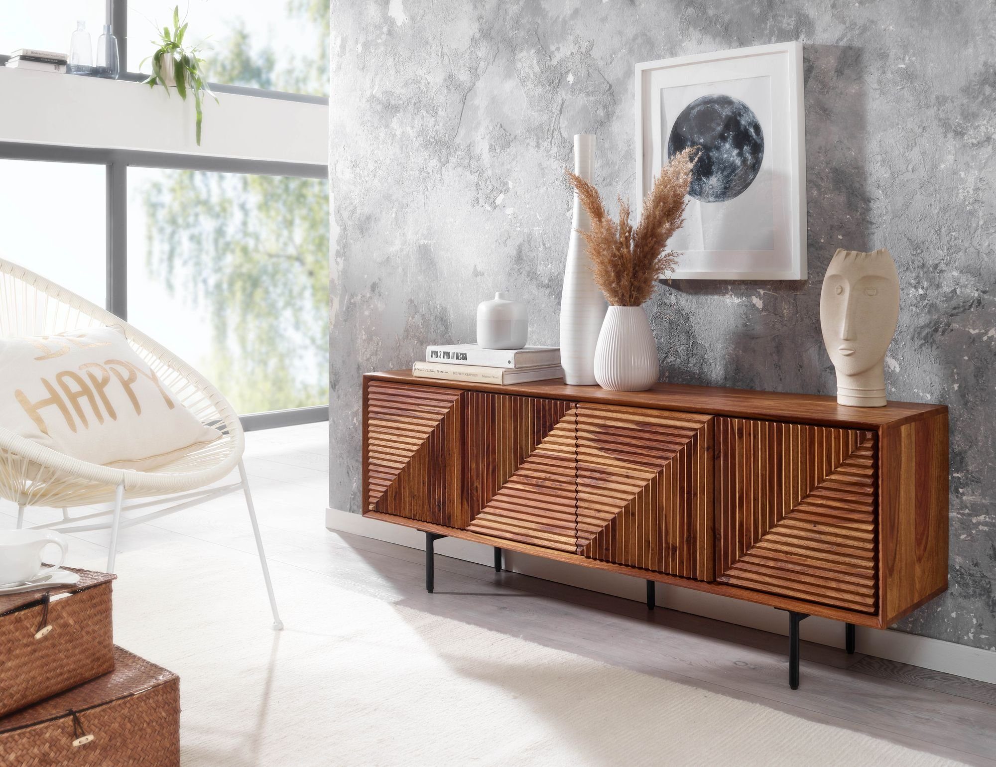 FINEBUY Lowboard FB78855 (Sheesham Massivholz 140x54x33 cm mit vier Türen), TV-Schrank mit Stauraum, Fernsehkommode Modern