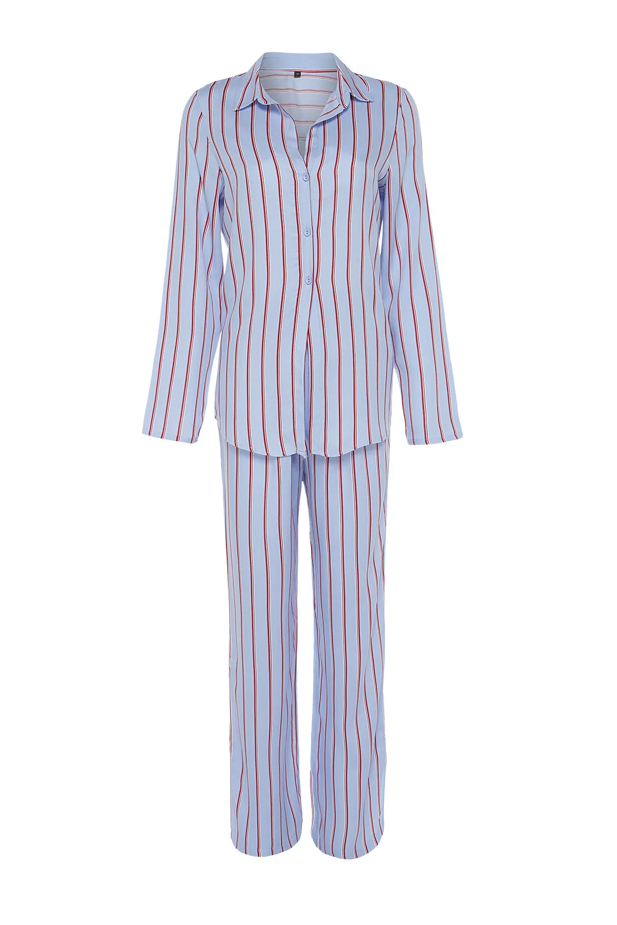 Trendyol Collection  Blau gestreiftes Pyjama-Set aus Viskose-Hemd und -Hose mit Schlitzdetail THMAW23PT00158