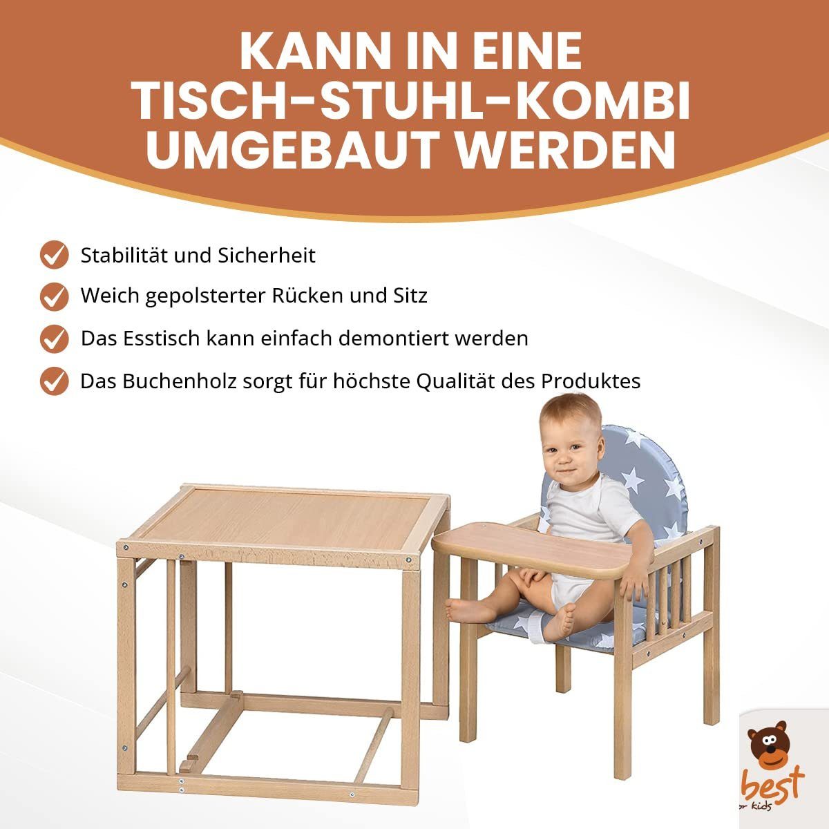 Best for Kids Kombihochstuhl Victoria, leicht umbaubar zur Stuhl-Tisch-Kombination