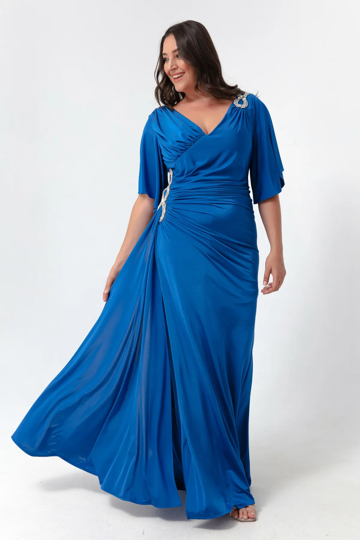Lafaba  Blaues Abendkleid mit kurzen Ärmeln und Schlitz für Damen in Übergröße