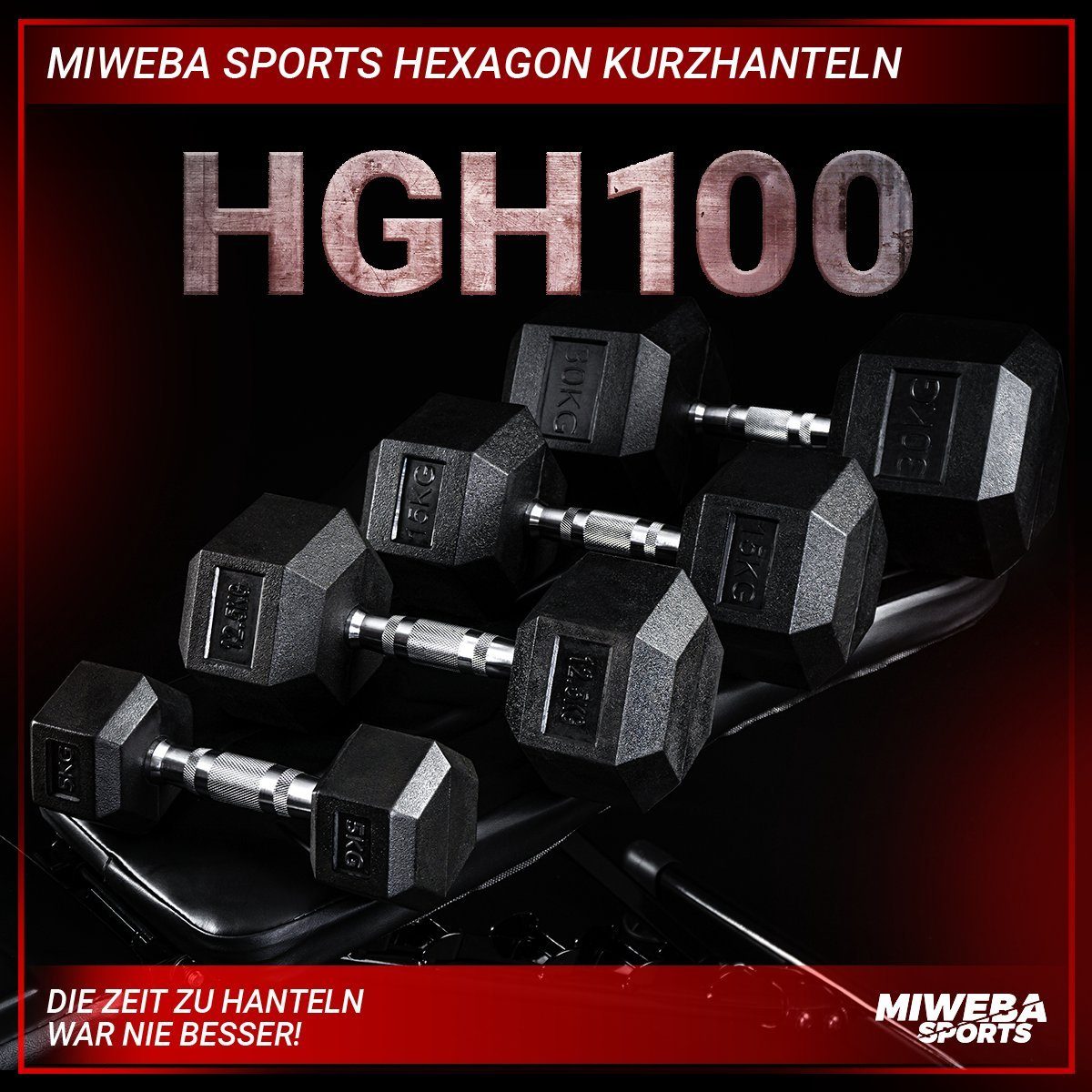 Miweba Sports Hantel-Set Premium Hexagon Hantel Set HGH100 - 7 verschiedene Varianten, (2er-Set, Hantelpaar, 7,5-30 kg, Gusseisen-Kern, kreuzgerändelte Struktur, konische Form, Krafttraining, Muskelaufbau, Workout, Fitnesshanteln, Kurzhantelset, bode