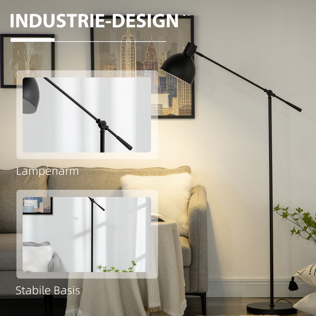 HOMCOM Stehlampe höhenverstellbar, schwenkbar Stehleuchte, 40 W Standlampe exkl. Leuchtmittel, Leselampe Bogenlampe mit E27 Sockel, für Wohnzimmer, Schlafzimmer, Schwarz