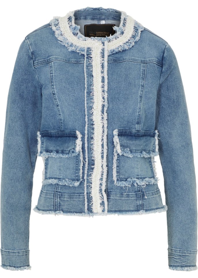Jeansjacke mit Tweed und Perlen