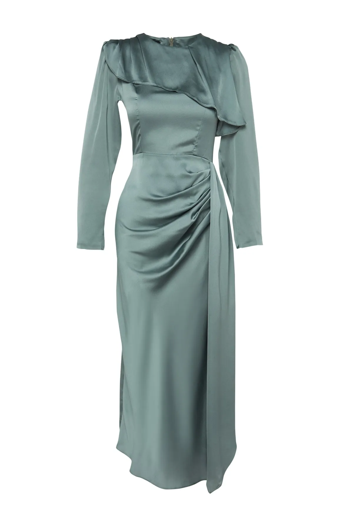 Trendyol Modest  Khakifarbenes Satin-Abendkleid mit Schalkragen TCTAW24DB00004