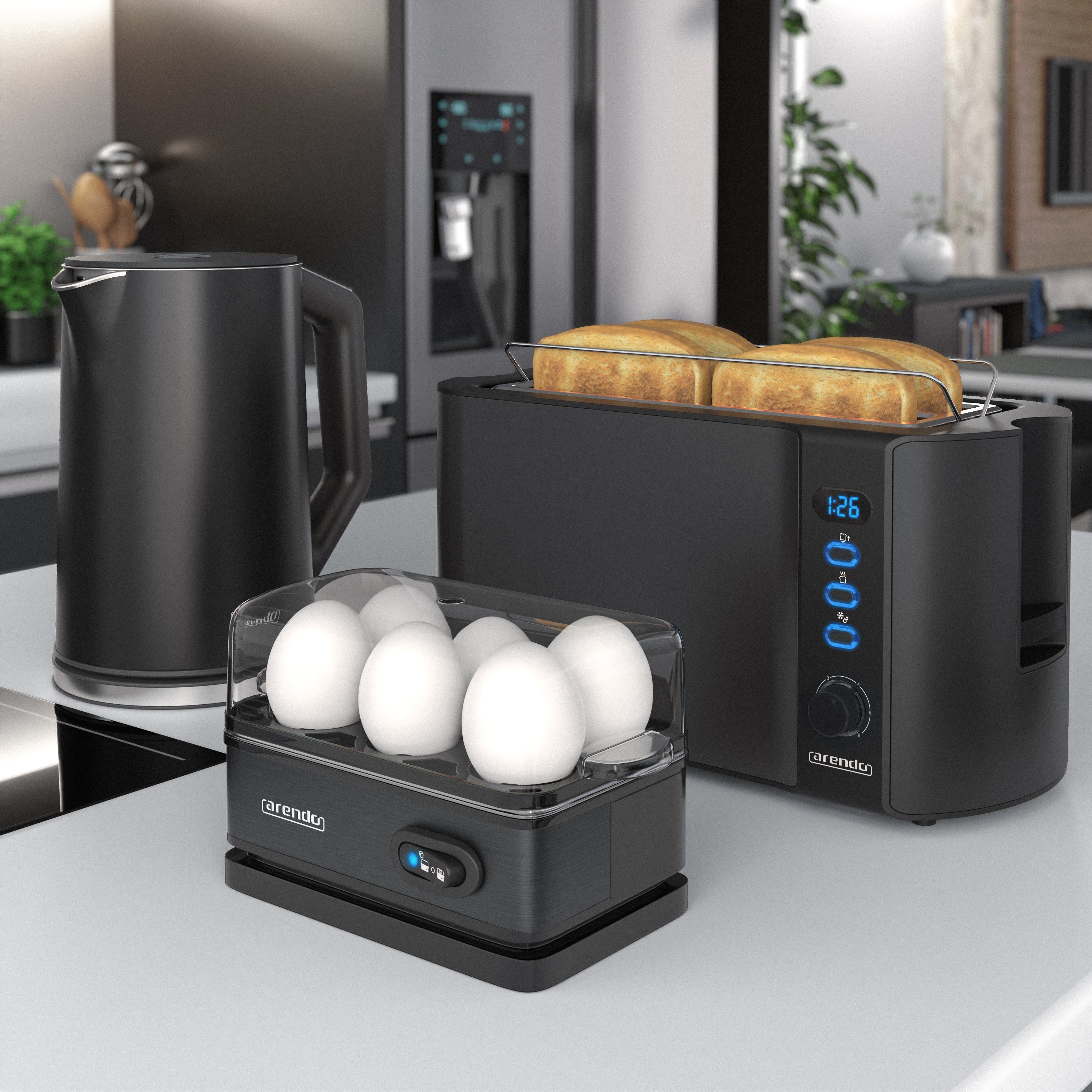 Arendo Frühstücks-Set (3-tlg), Wasserkocher 1,5l, 4-Scheiben Toaster, 6er Eierkocher, Schwarz