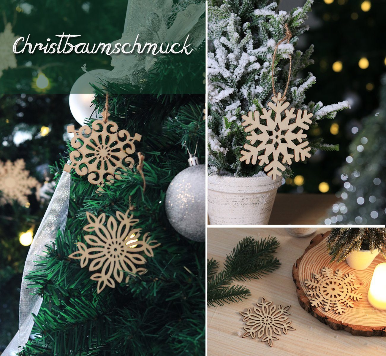 Homewit Hänge-Weihnachtsbaum Holz Schneeflocken Anhänger Weihnachtsbaum Anhänger Holzdeko für DIY, Weihnachtsbaumschmuck Holzanhänger Christbaumschmuck