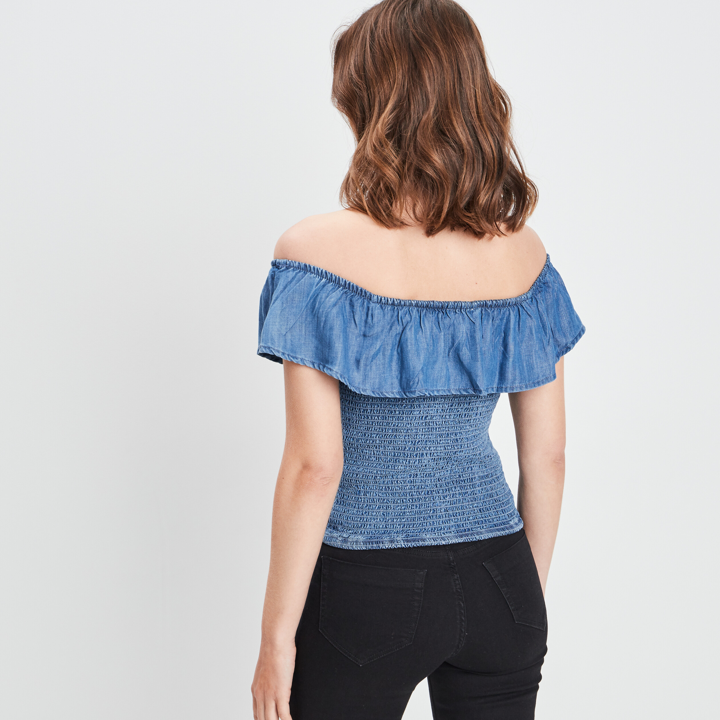 Blouse manches courtes col bardot denim bleach femme | La Halle
