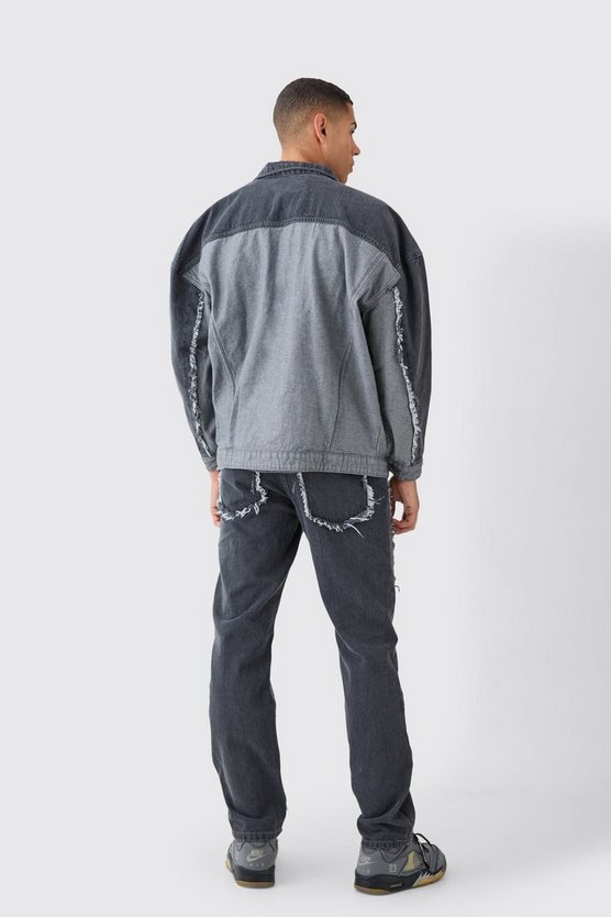 Gespleißte Oversize Jeansjacke mit ausgefranstem Saum