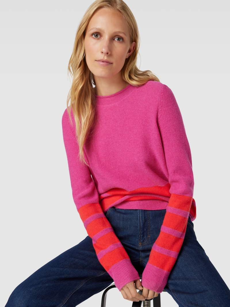 Strickpullover aus Lanawolle mit Kontraststreifen in fuchsia