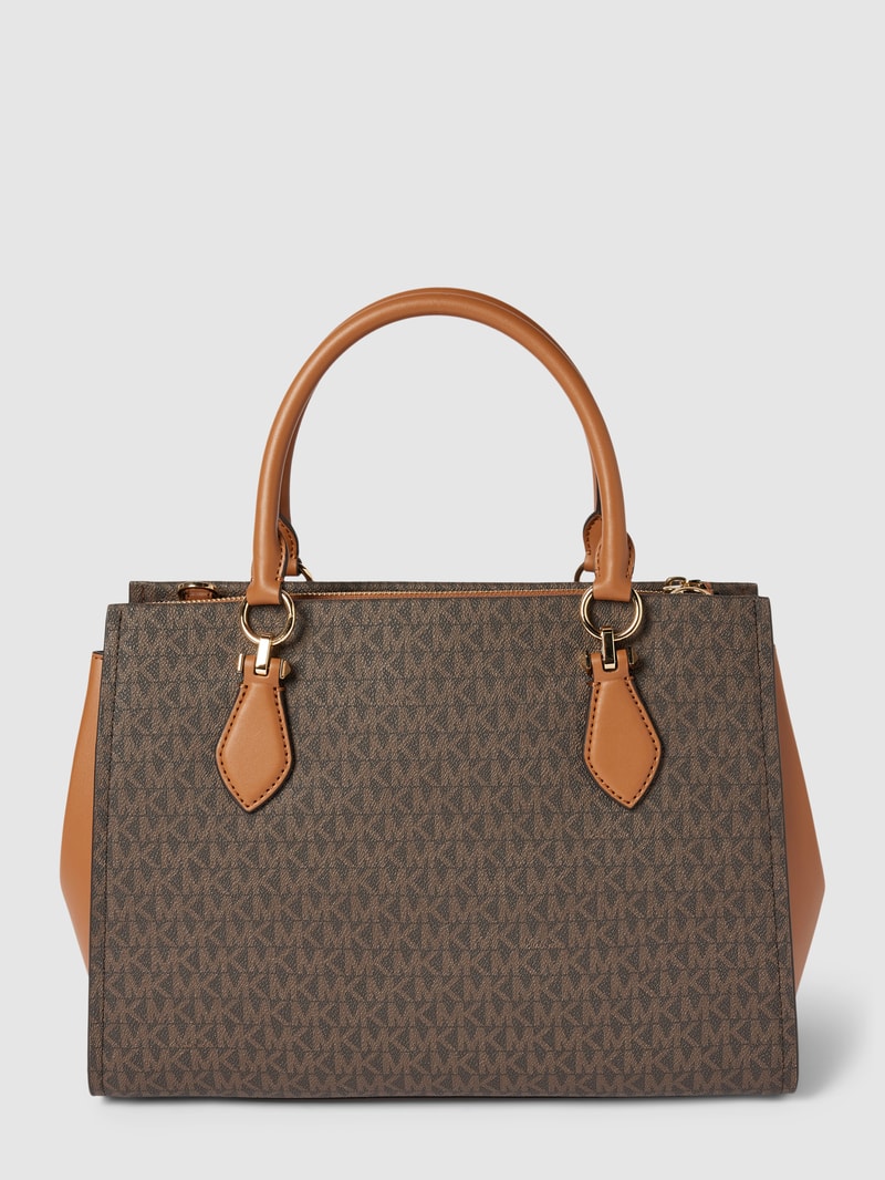 Handtasche mit Allover-Label-Print Modell 'MARILYN' in mittelbraun