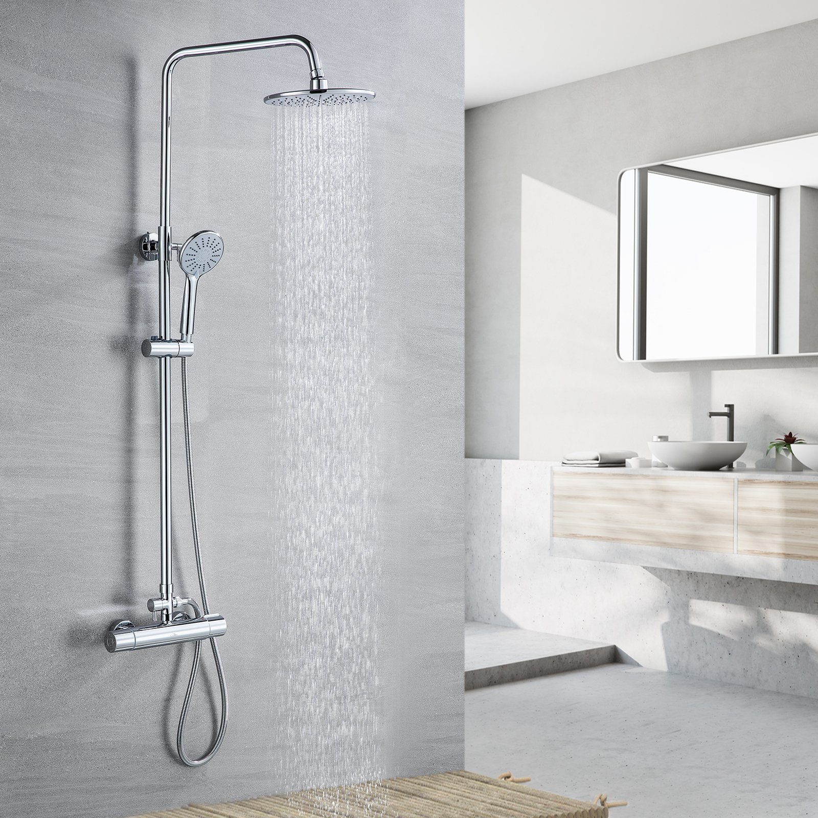 Auralum Duschsystem mit Thermostat Duscharmatur Regendusche Duschset Dusch Handbrause, Chorm Brausegarnitur, mit 3 Strahlarten