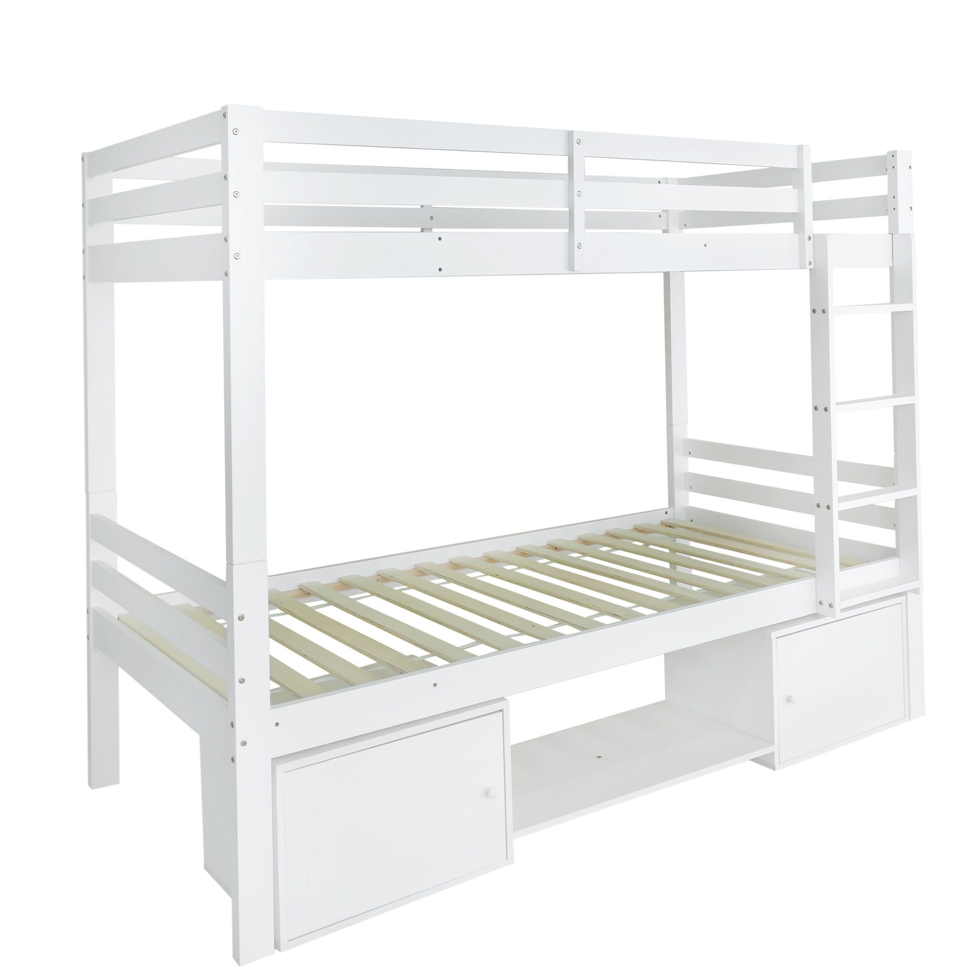OKWISH Etagenbett Holzbett Tagesbett (Kinderbett mit Schuhregale und Schließfächer, Bett aufgeteilt in 2 Einzelbetten, Jugendbett, Einzelbett 90x200cm), ohne Matratze