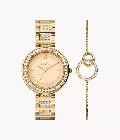 Fossil Outlet Set Uhr Karli 3-Zeiger-Werk goldfarben Armband