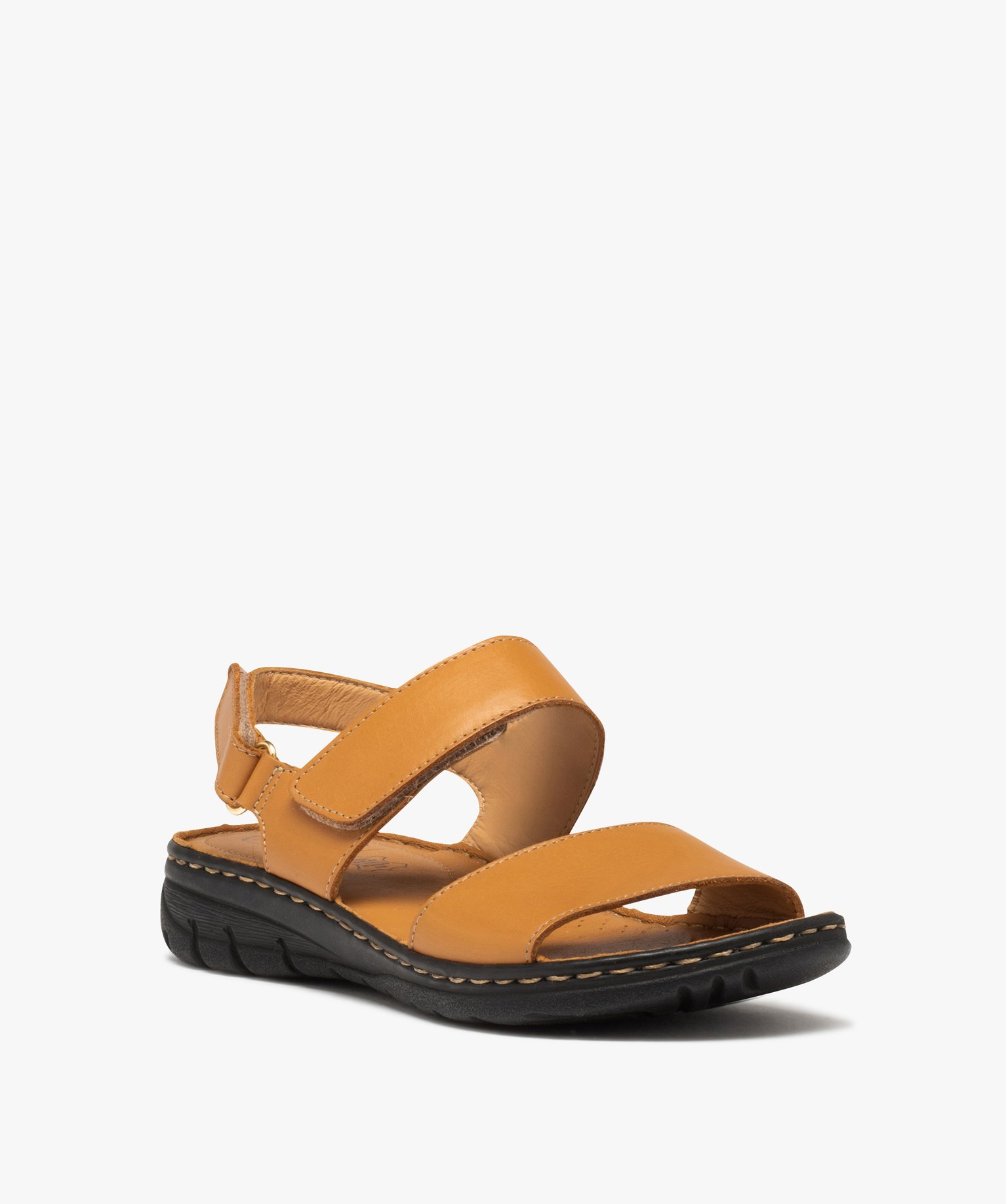 Sandales femme confort à brides scratch en cuir uni marron | GEMO
