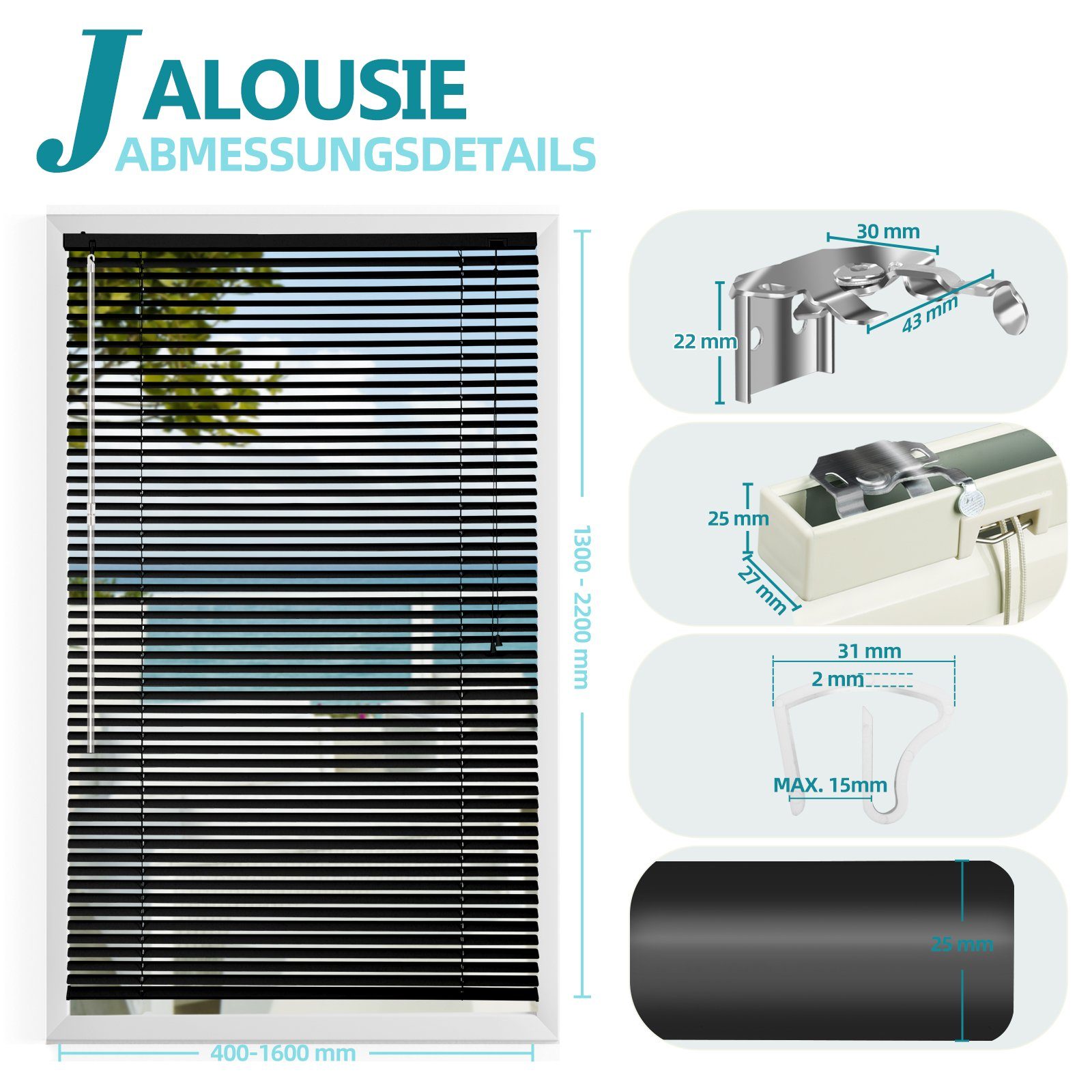 Jalousie Aluminium-Jalousie ohne Bohren, Klemmfix-Jalousie für fenster, Sekey, freihängend, 25mm Alu-Lamellen, mit Bohren, inklusive Montagematerial