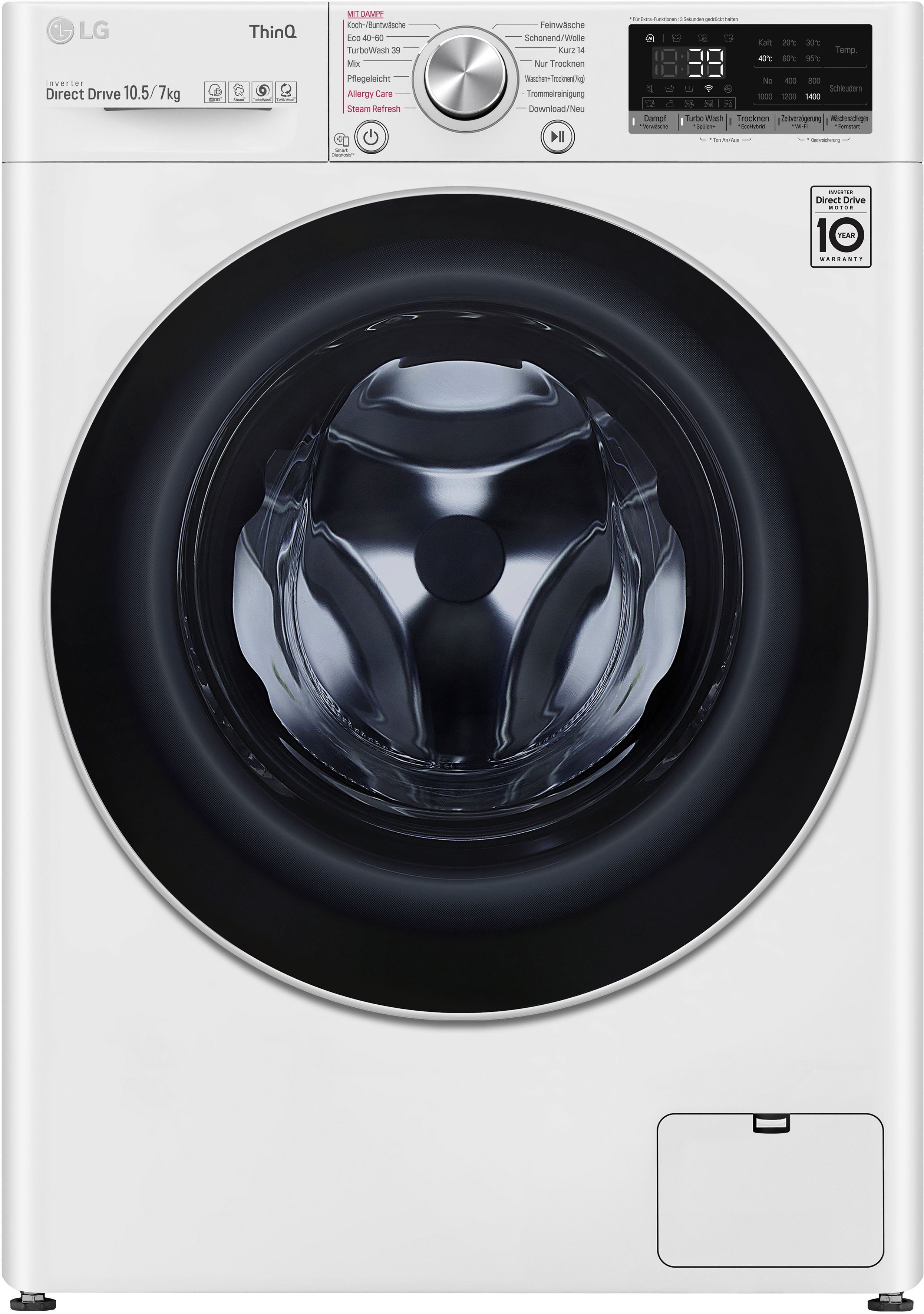 LG Waschtrockner V7WD107H2E, 10,5 kg, 7 kg, 1400 U/min, TurboWash® - Waschen in nur 39 Minuten