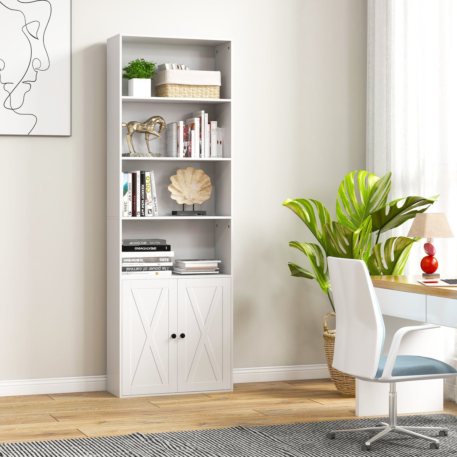 COSTWAY Bücherregal, 180cm Bücherschrank mit Türen & 4 offenen Fächern