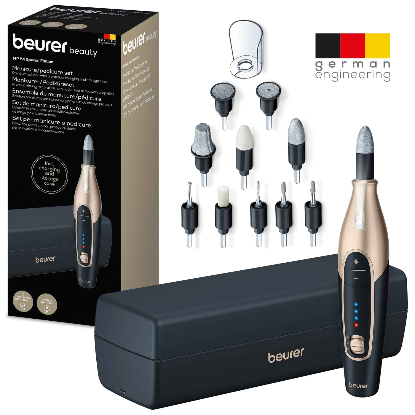 Beurer Wiederaufladbares Maniküre- & Pediküreset MP 84-Kabelloser Nagelfräser für Maniküre & Pediküre mit 10 Saphir- & Filzaufsätzen