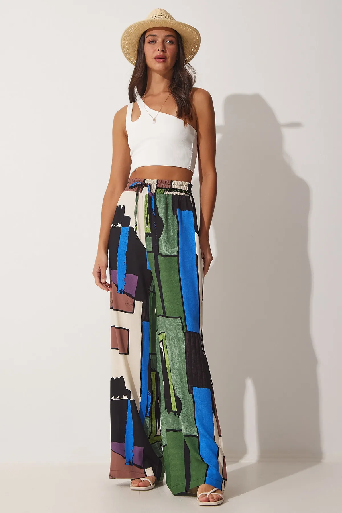 Happiness İstanbul  Damen-Sommerhose aus lockerer Viskose in Grün-Braun mit Muster MX00089