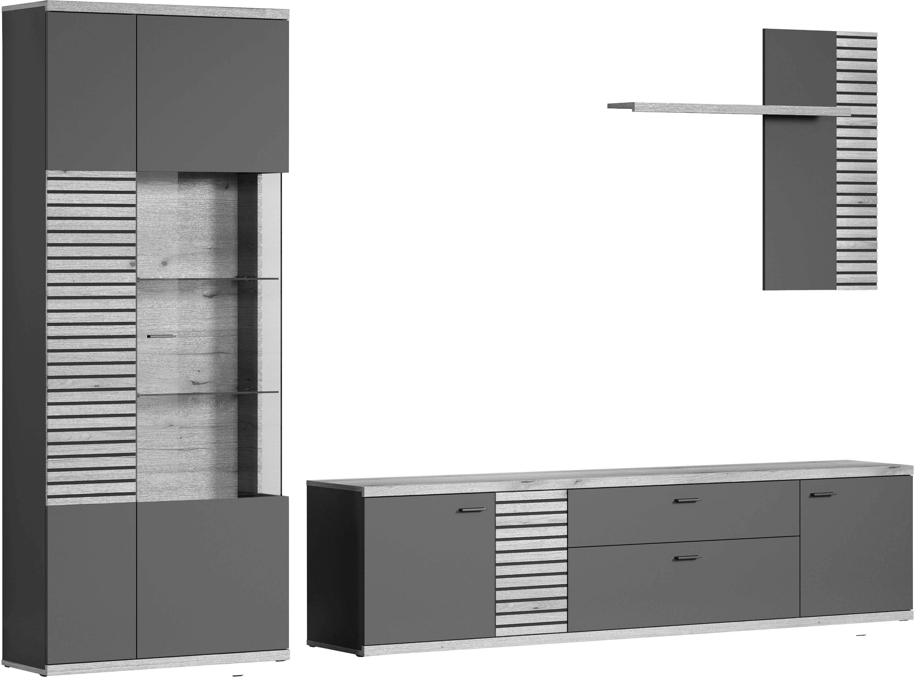 INOSIGN Wohnwand NORRISWW, (Set, 3-St), Wohnwand-Set in Anthrazit mit Coast Evoke Eiche, Türen mit Soft-Close