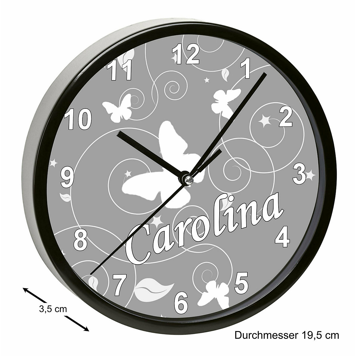 Kinder Wanduhr personalisiert mit Name Schmetterling Ornamente grau