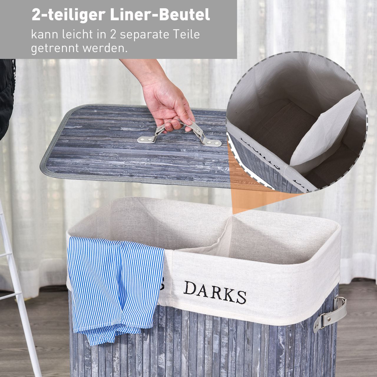 HOMCOM Wäschekorb Wäschebox Wäschesammler mit Deckel Segeltuchsack waschbarem Wäschesack mit Griffen Segeltuch   Bambus Grau100L 52 x 32 x 63 cm