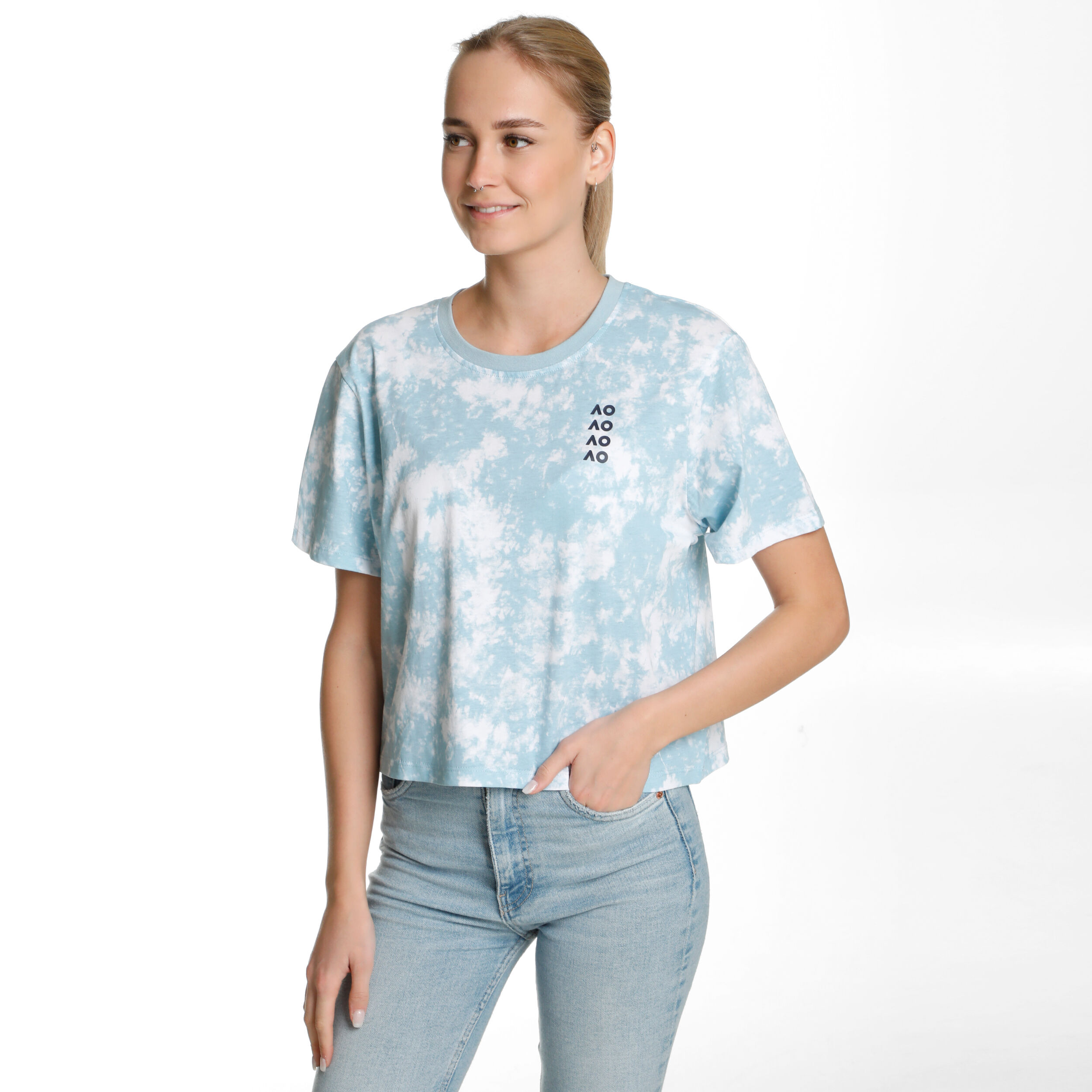 AO Tie Dye Cropped T-Shirt Damen - Hellblau, Weiß