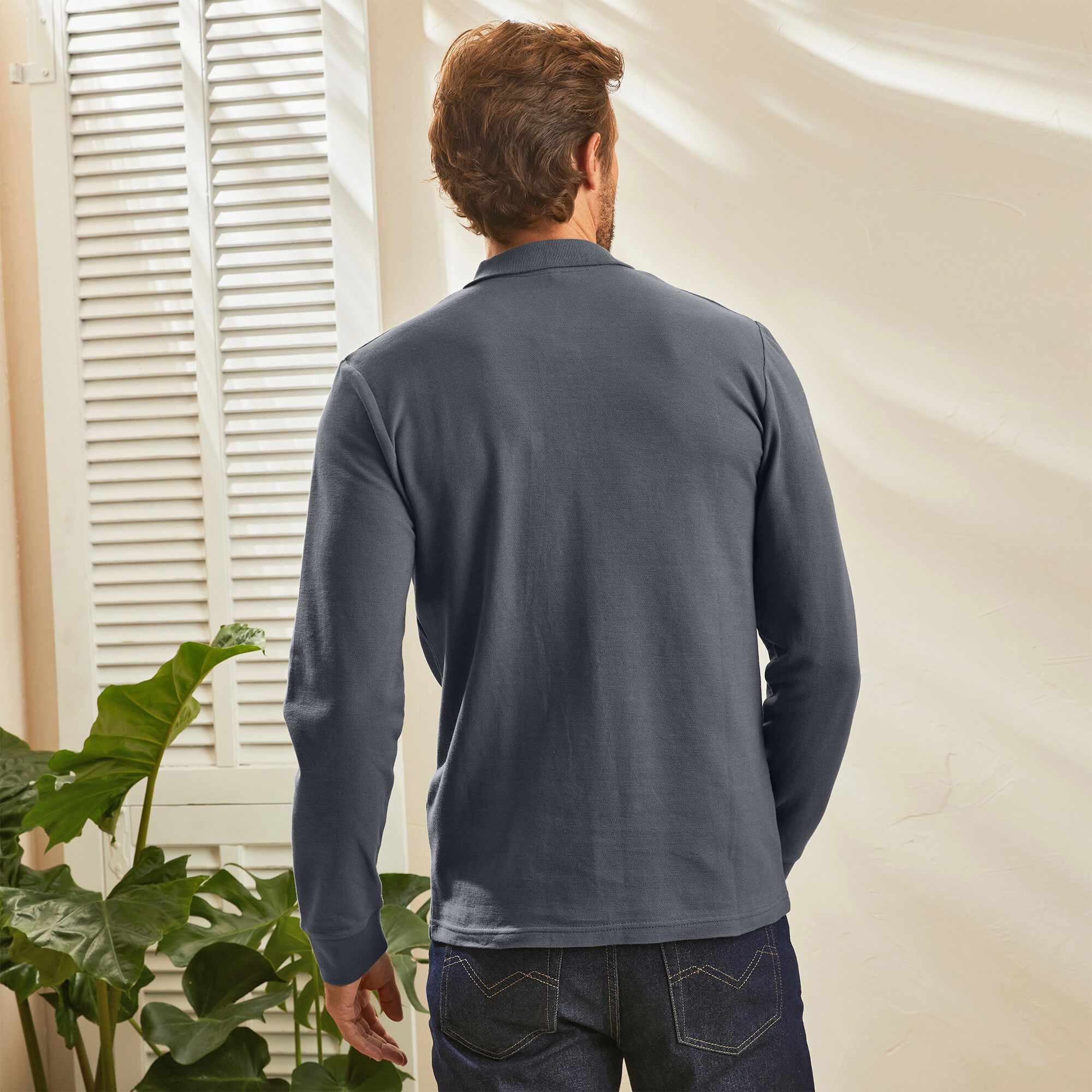 Polo uni maille piquée manches longues