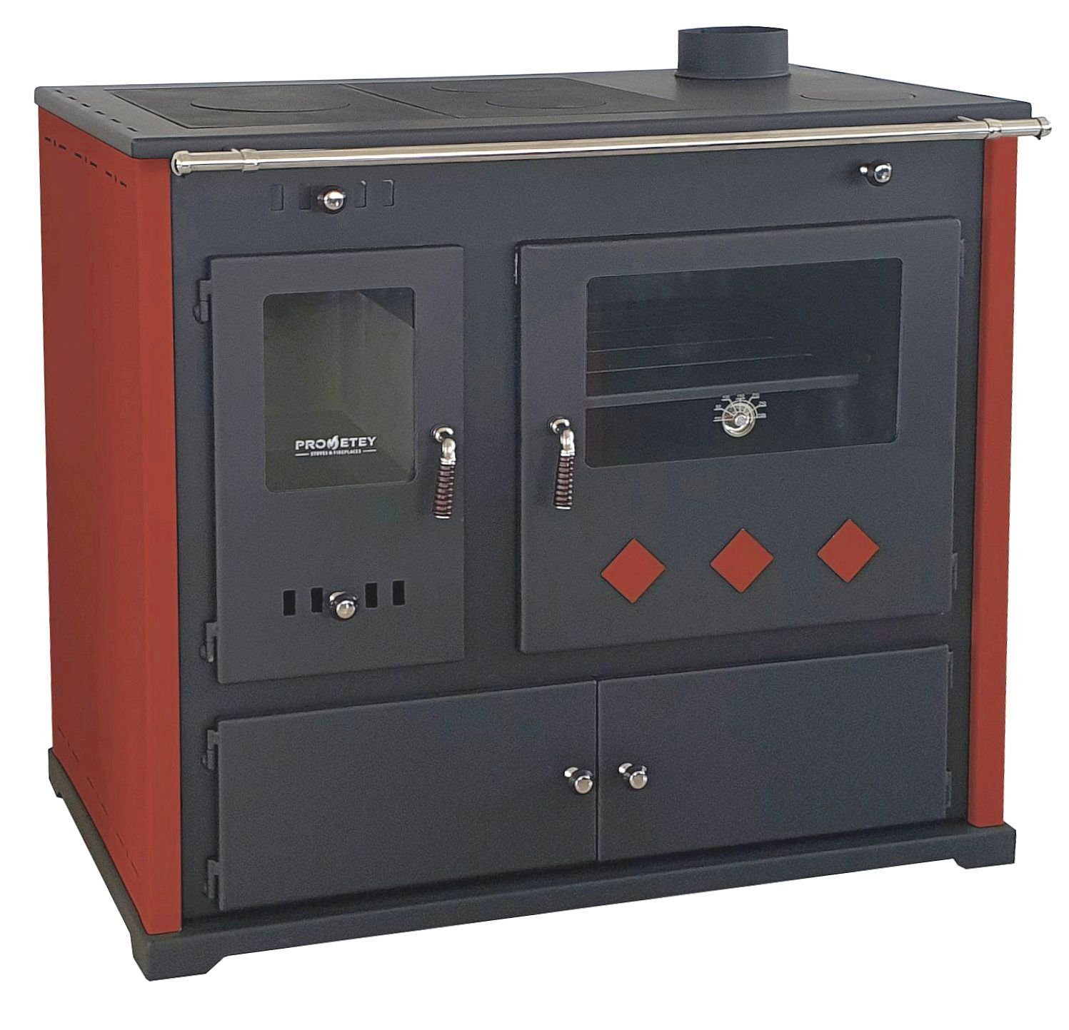 Prometey Kaminofen EEK A+ Kaminofen mit Backfach und Herdplatte Practik Lux Rot Holzofen, 9,50 kW, Zeitbrand, Küchenofen mit Backofen, Küchenherd mit Backfach