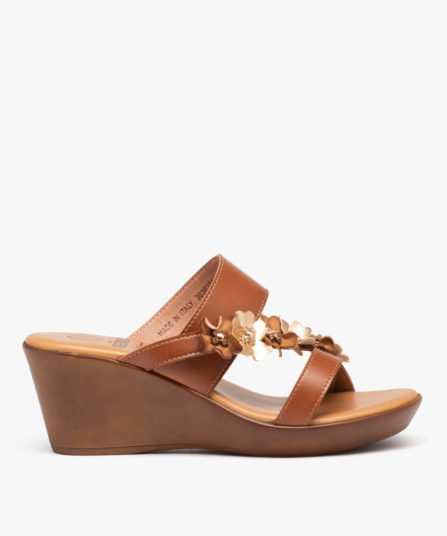 Mules femme compensées avec bride à fleurs marron | GEMO