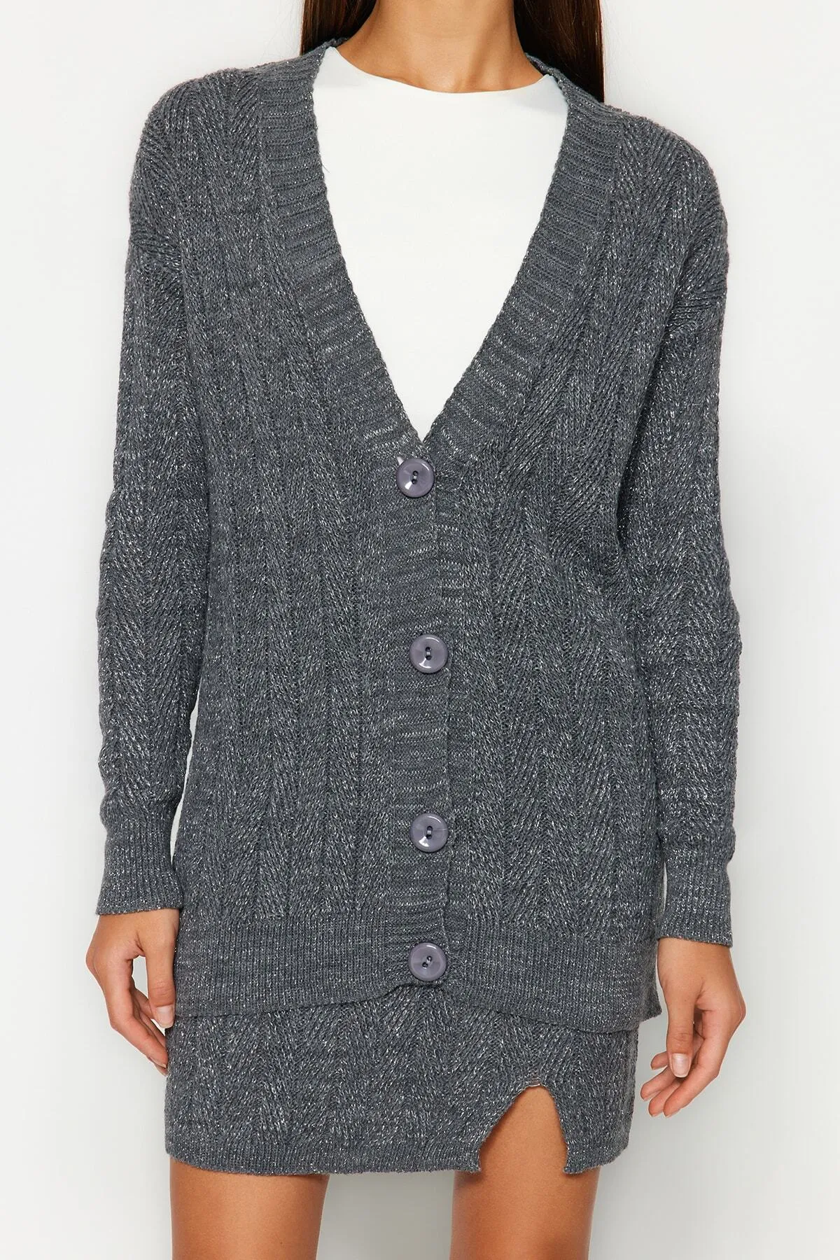Trendyol Collection  Anthrazit Glitzernder Rock-Cardigan Strickoberteil und -unterteil Set TWOAW24AU00090
