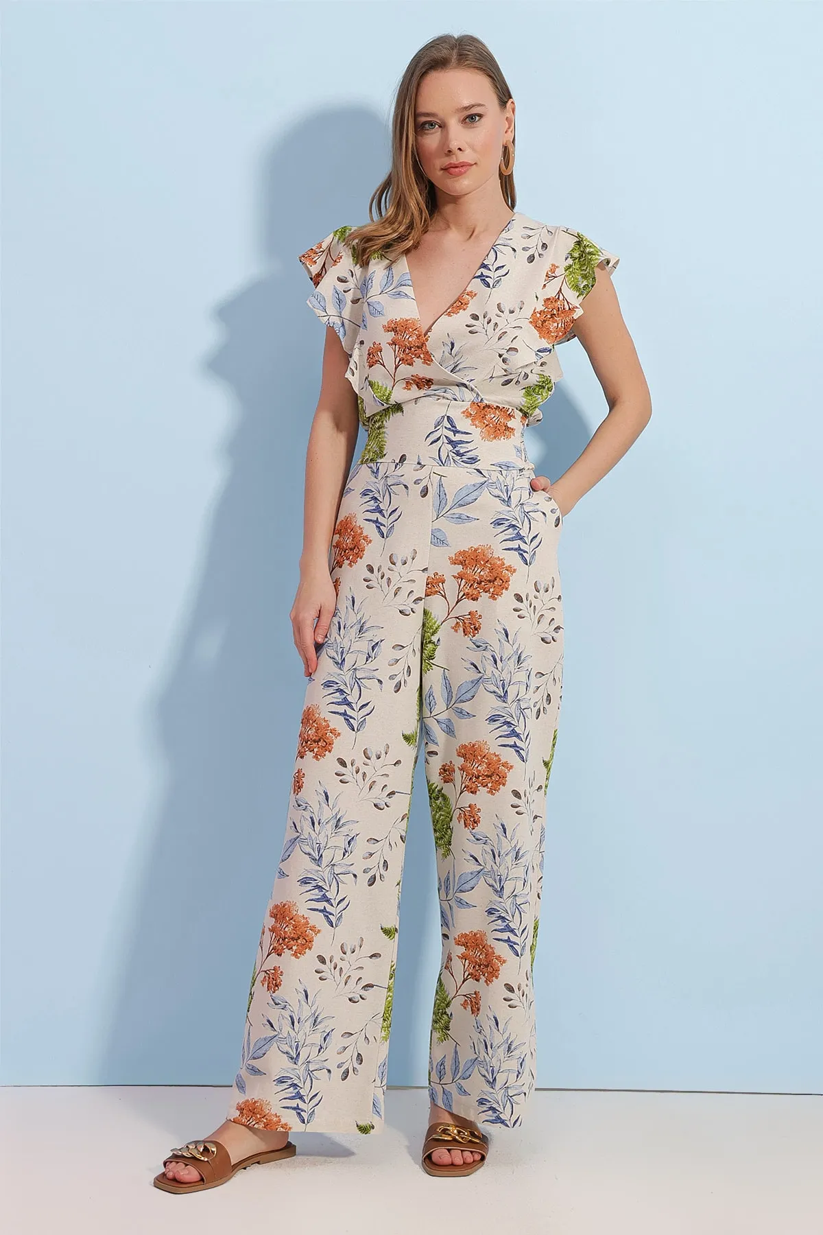 Pattaya  Damen-Set mit floral gemustertem Gipe-Detail-Unterteil und Oberteil aus Leinen P23s191-1342