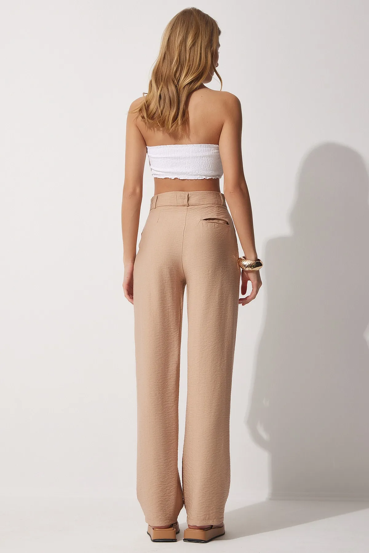 Happiness İstanbul  Biscuit Darts Leinenhose mit weitem Bein für Damen TO00053