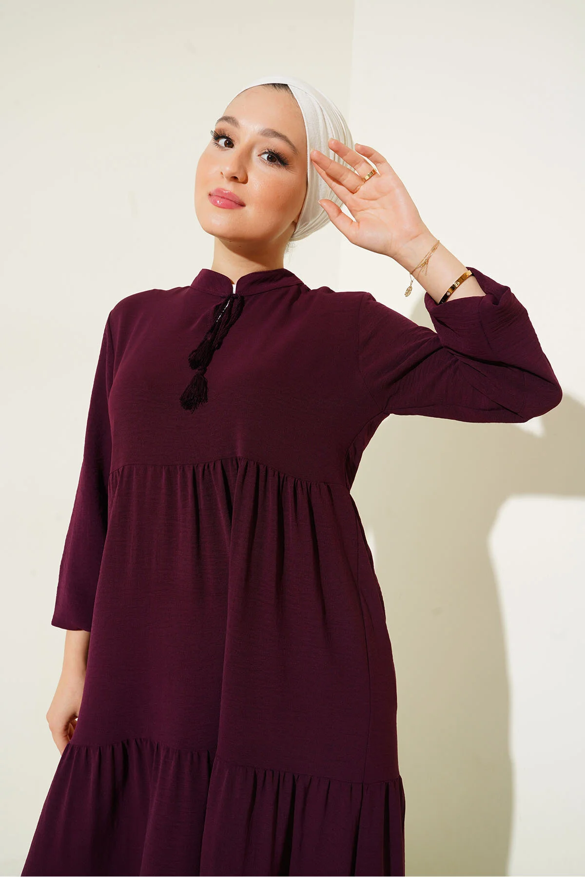 Bigdart  1627 Hijab-Kleid mit Kragen und Schnürung – Hellbordeauxrot