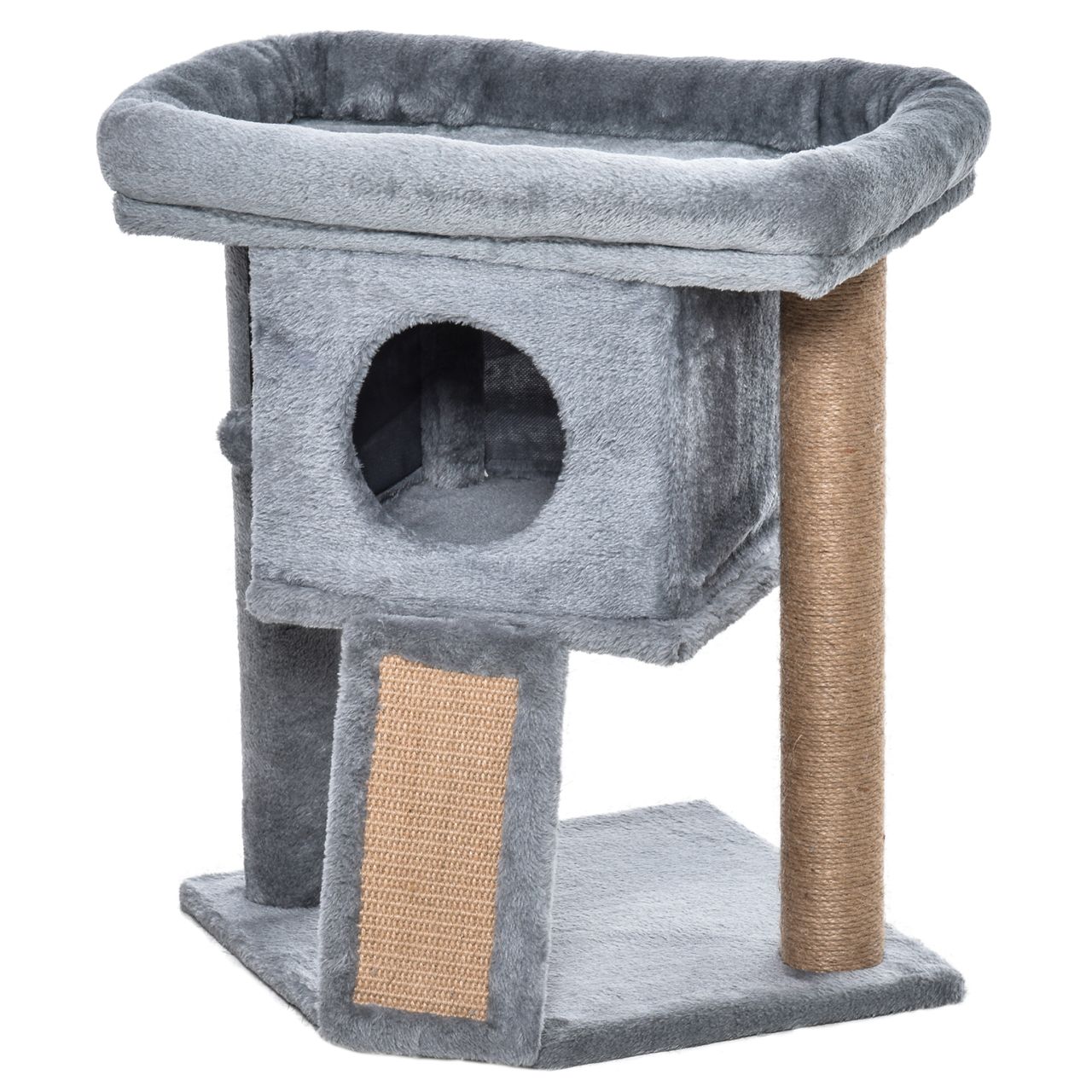 PawHut Katzenbaum mit Jute-Kratzmatte Sitzstange hängendem Ball Kratzbrett Katzenmöbel mit Türloch Haustiermöbel MDF Plüsch Jute Hellgrau 40 x 40 x 57 cm