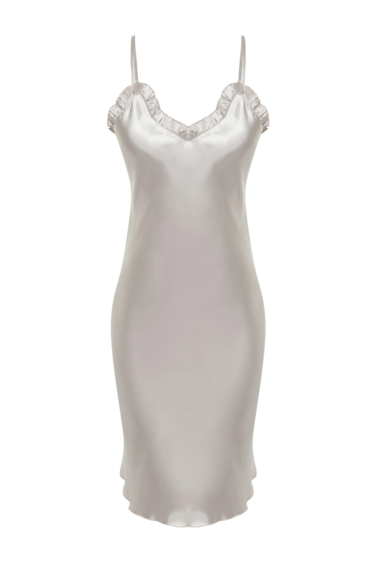 Trendyol Collection  Nachthemd aus gewebtem Satin mit Rüschendetail und Seilträgern in Stein THMSS24GC00031