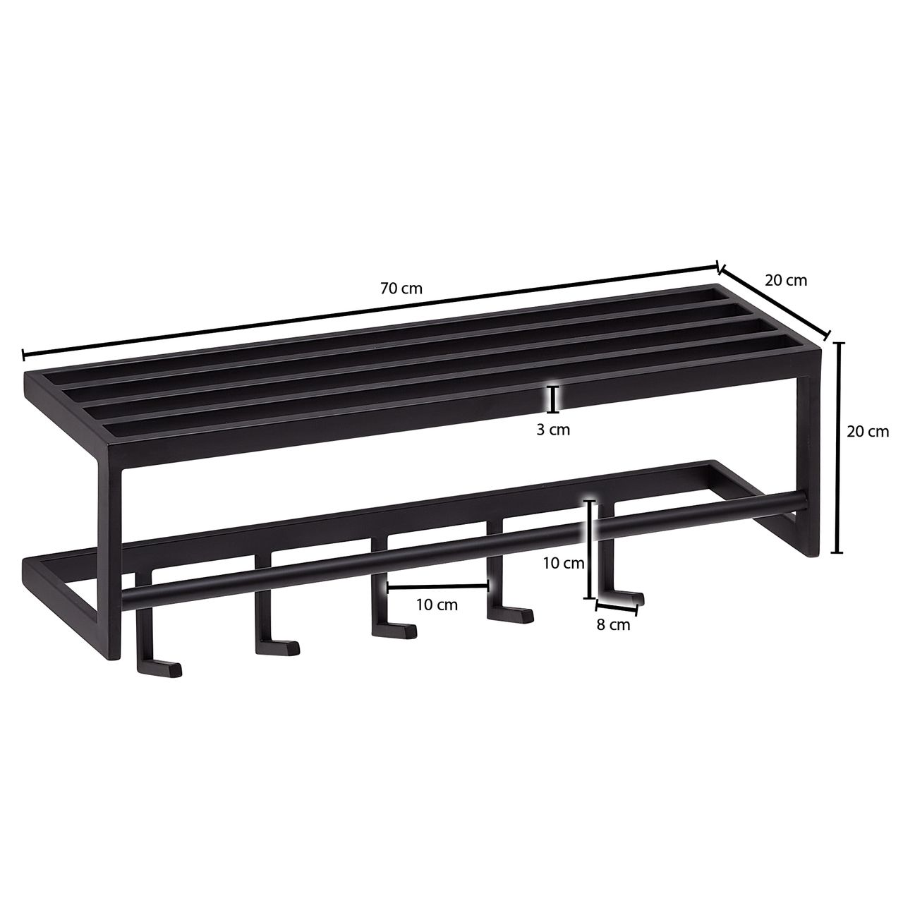 Wohnling Wandgarderobe Metall Schwarz 70x20x20 cm