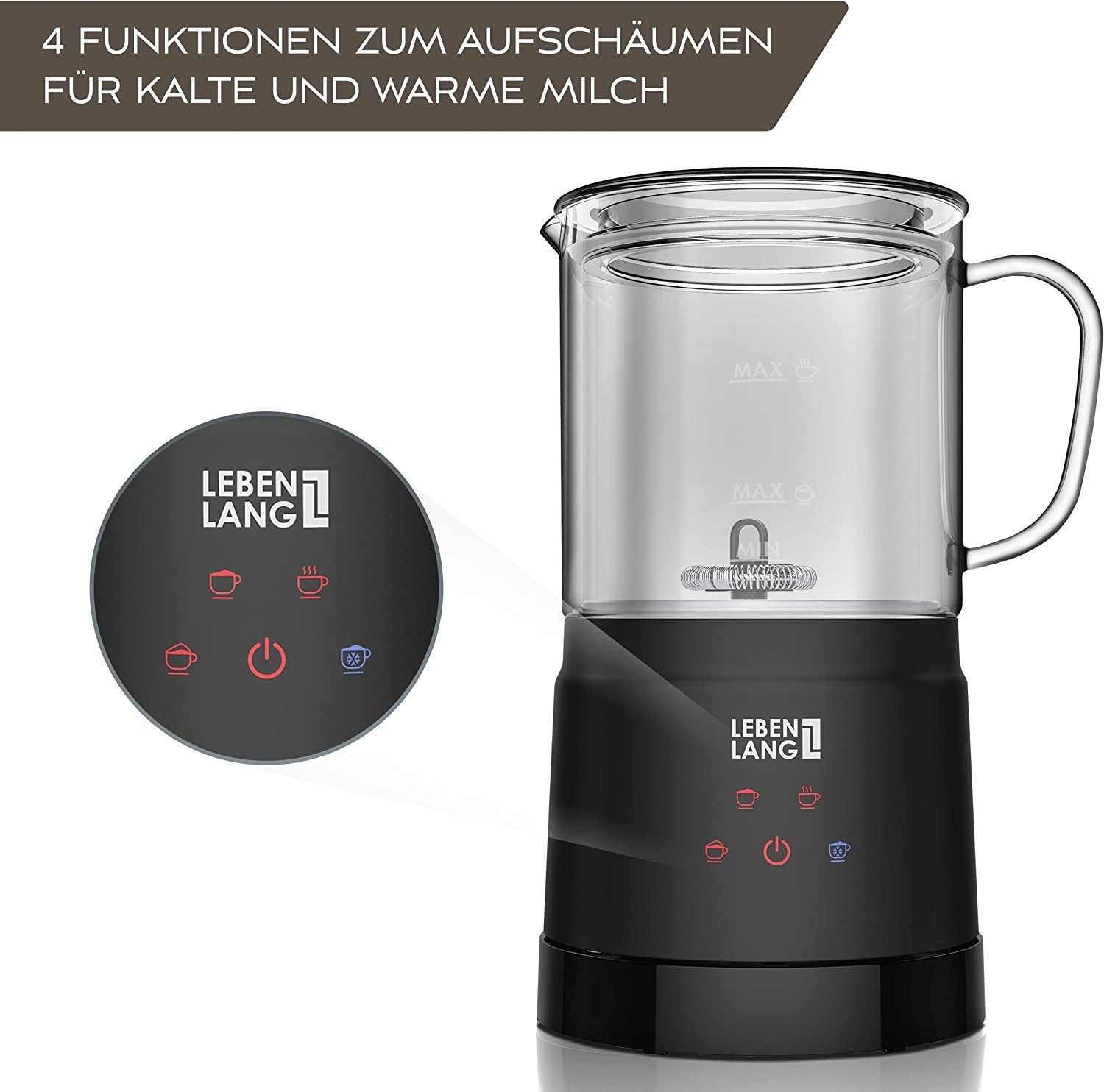Lebenlang Milchaufschäumer Glas Milchaufschäumer elektrisch 4 Modi Milch aufschäumen elektrischer, 500,00 W