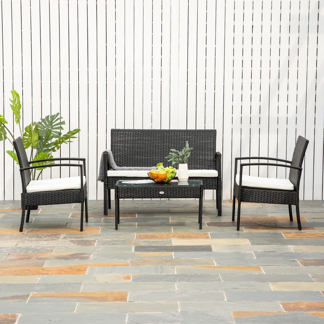 Outsunny Polyrattan Sitzgruppe Garnitur Lounge Sofa Gartenset 7 tlg. mit Kissen, Schwarz