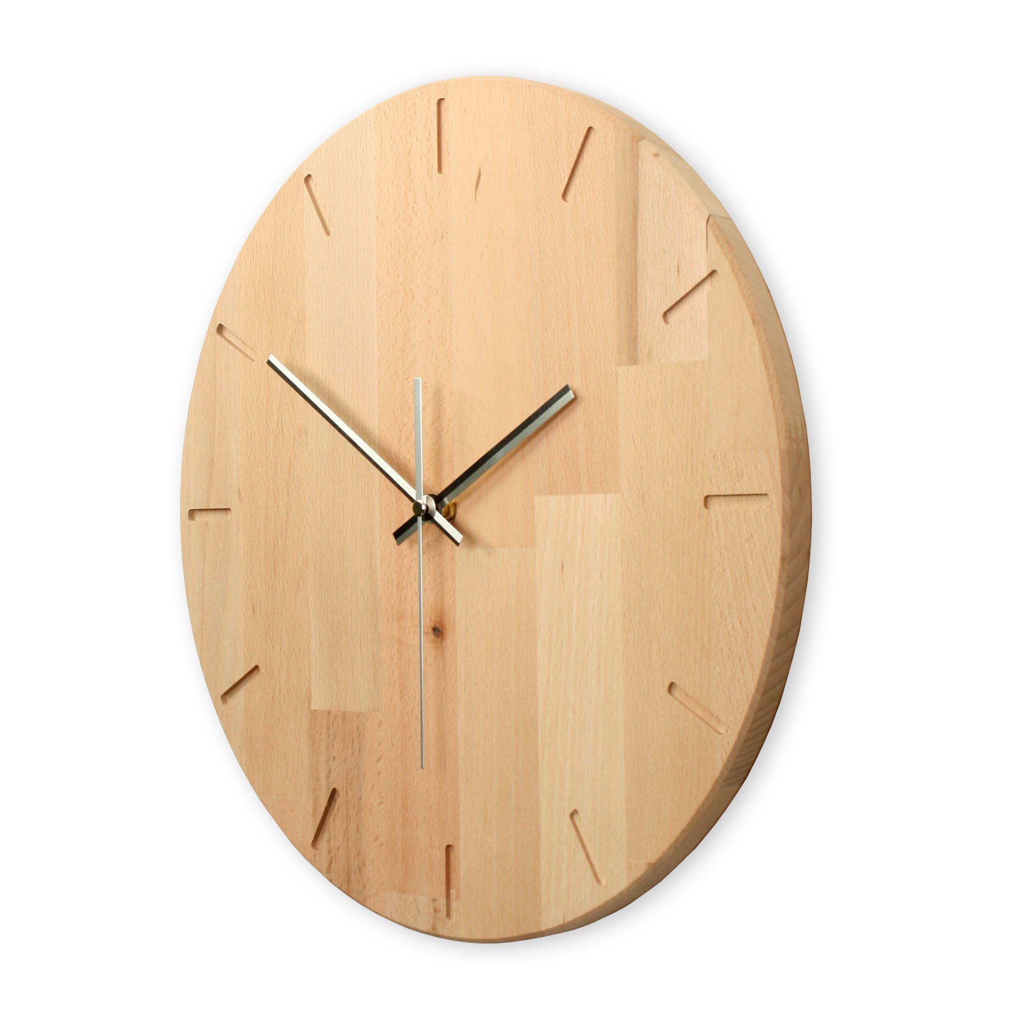 Kreative Feder Wanduhr Designer-Wanduhr aus natürlichem Massivholz (wahlweise Buche, Eiche oder Raucheiche; leises Funk- oder Quarzuhrwerk)