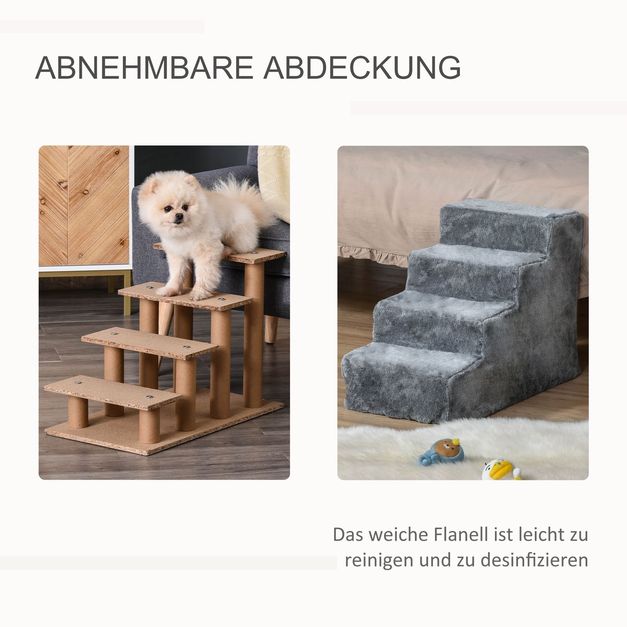 PawHut Haustiertreppe 4-stufige Hunderampe mit abnehmbarer Bezug Katzentreppe Hundetreppe Tiertreppe Spanplatte Plüsch Grau 60 x 35 x 44 cm