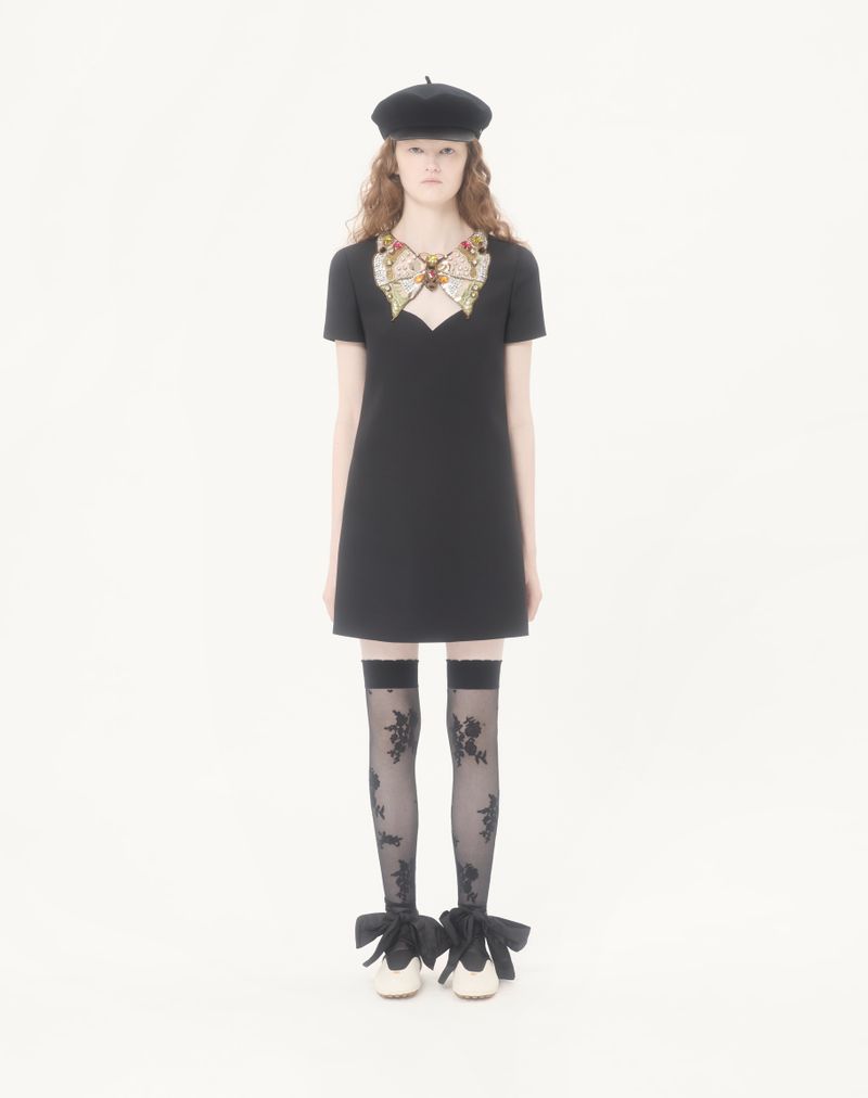 Vestido curto de crepe bordado de alta costura