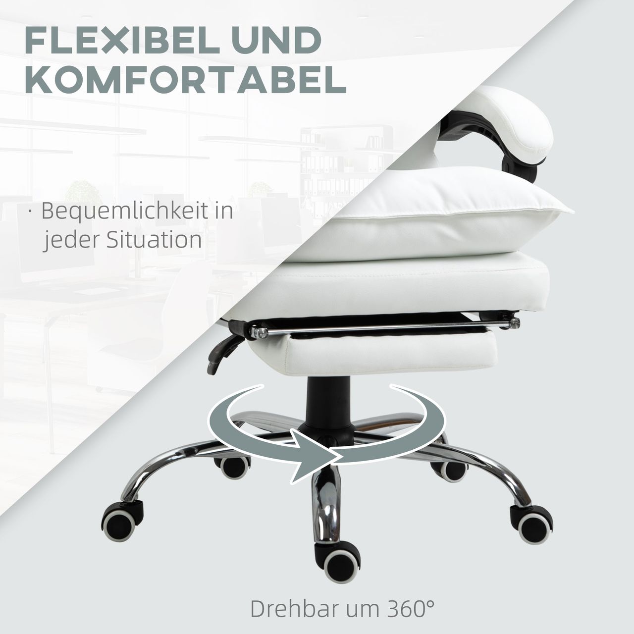 Vinsetto Bürostuhl mit Fußstütze höhenverstellbarer Schreibtischstuhl Drehstuhl Rückenlehne Kunstleder Weiß 66 x 72 x 122-130 cm