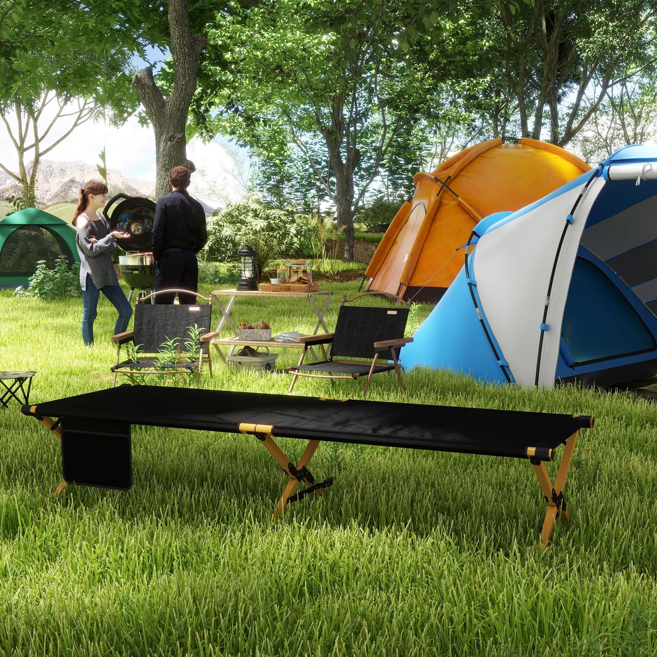Outsunny Sonnenliege, Gartenliege, Klappbarer Liegestuhl mit Seitentache Schwarz