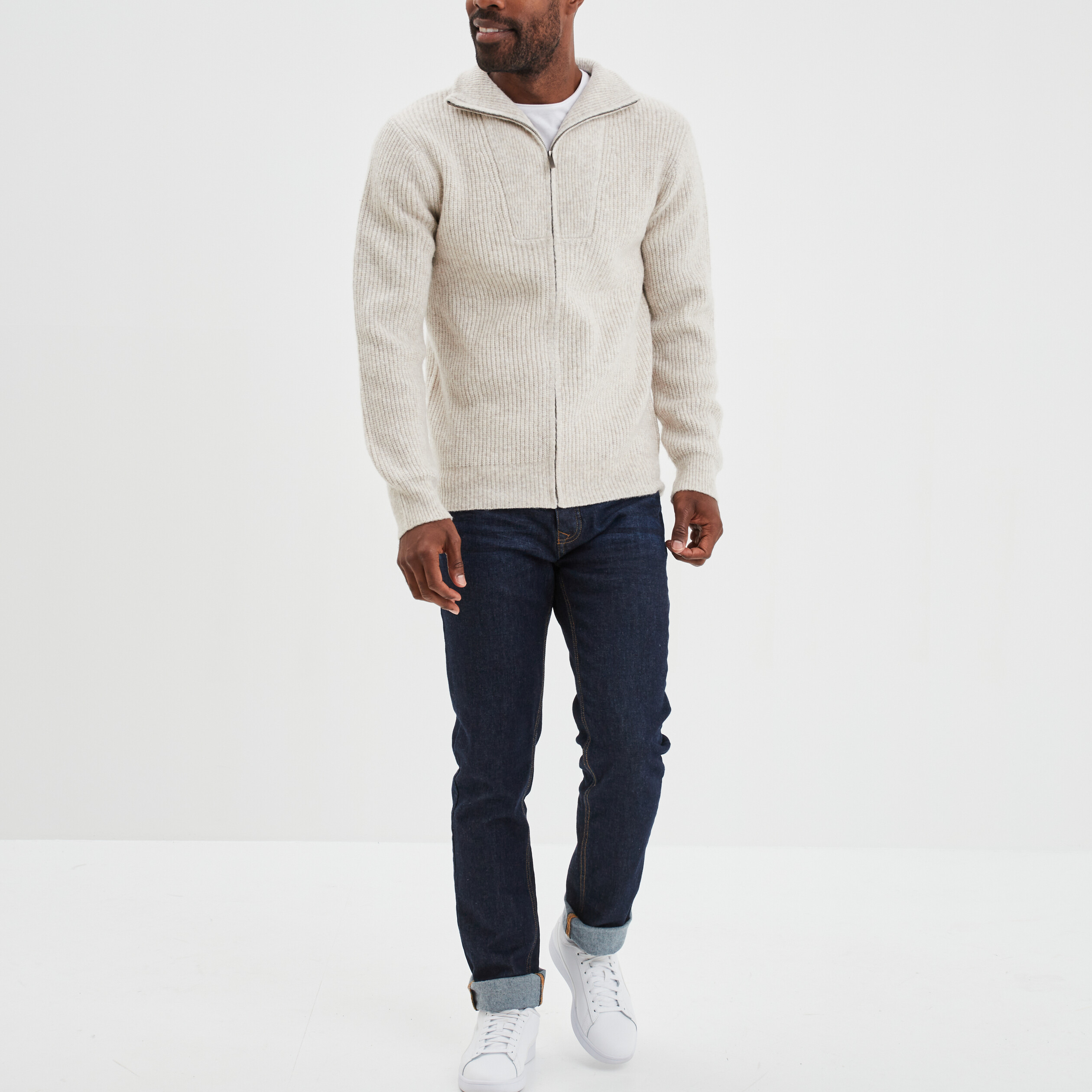 Pull col montant zippé côtelé beige homme | La Halle